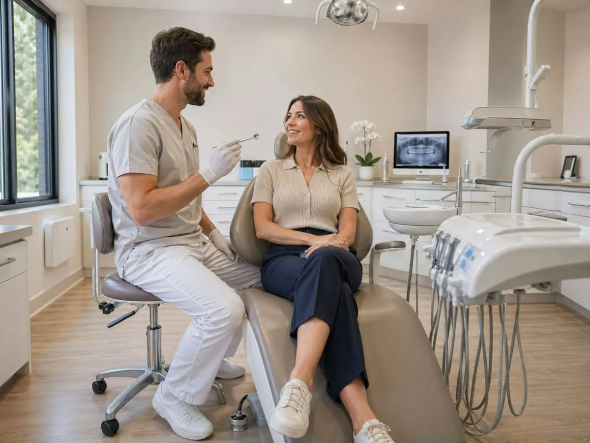 Dentist in a treatment room talking with a smiling patient in the dental chair